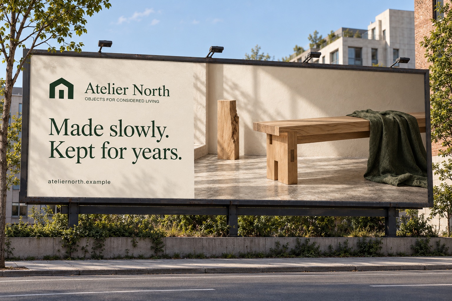 Atelier North identity on a real-world billboard, with the headline Made slowly. Kept for years.
