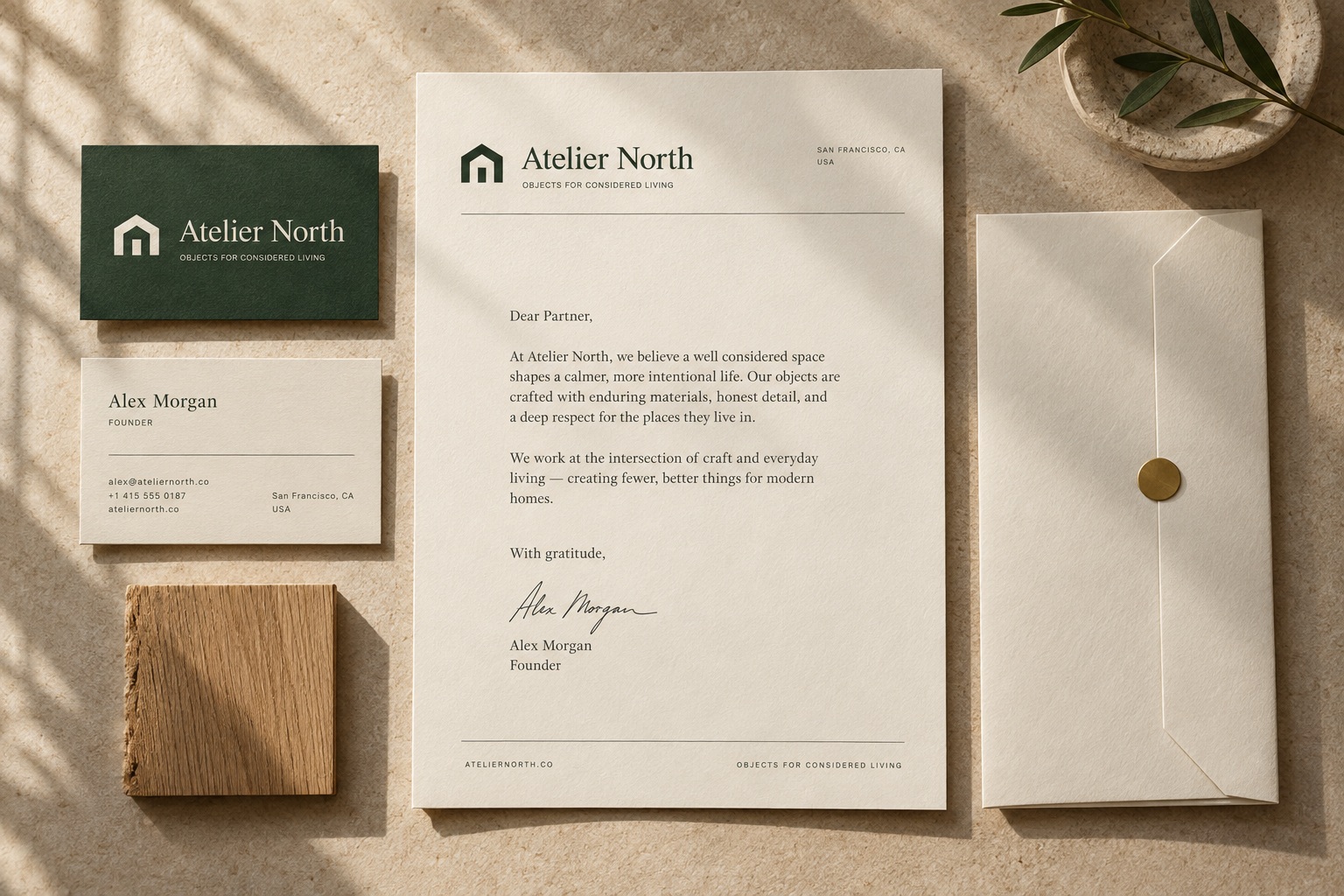 A matching business card, letterhead and envelope photographed on a desk